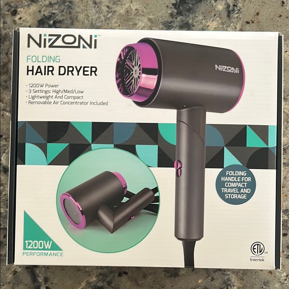 NIB Nizoni Folding Compact Hair Dryer - Black and Pink, 1200W Power, 3 Settings